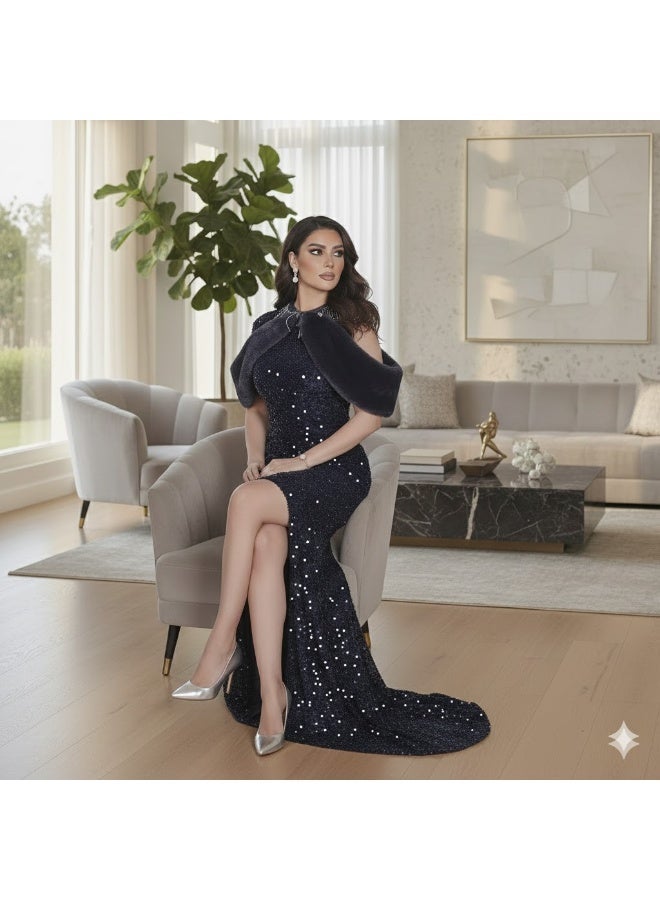 FULL JOY Elegant Long Dress with Soft Fur Detailing on the Shoulders for added Elegance and Beauty - Image 3